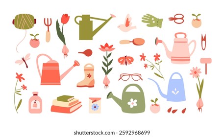 Spring set of different watering cans and gardening elements: gloves, trowel, flowers, pipette, watering can