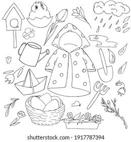 spring set of doodle elements - raincoat, umbrella, rubber boots, scarf, paper boat, flowers, snowdrops, chickens, nest birdhouse children vector illustration coloring book