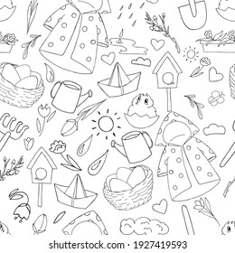 spring set of doodle elements - raincoat, umbrella, rubber boots, scarf, paper boat, flowers, snowdrops, chickens, nest birdhouse children vector seamless pattern coloring book