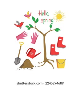  A spring set of drawings. Tree planting.   Tools for work in the garden. The birthday of fruit trees. Seedling, watering can,  bird,  sun, shovel,  gloves and rubber boots. Vector illustration. 