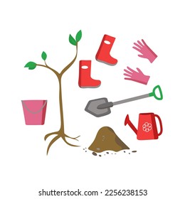  A spring set of drawings. Tree planting.   Tools for work in the garden. The birthday of fruit trees. Seedling, watering can, shovel, bucket, gloves and rubber boots. Vector illustration. 