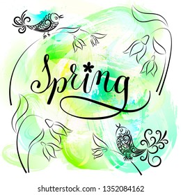 Spring set drawn in black line on a watercolor background of green, blue and yellow colors. Snowdrops, birds, lettering spring. Tattoo ornament. Vector illustration for your decor and design. 