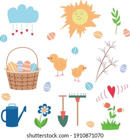 Spring set, drawn elements - flowers, birds, Easter basket. Vector illustration.