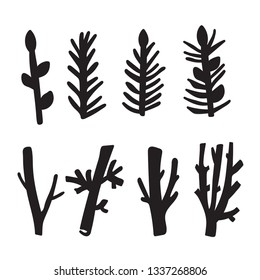 Spring set of Driftwood, ground floor hand-drawn ink rustic design elements collection. Dry tree branches and wooden twigs. Vintage doodle bundle art in primitive vector style.