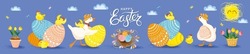 Spring Set Of Easter Design Elements With Lettering Happy Easter. Eggs, Chicken, Butterfly, Duck, Goose, Sun, Tulips, Basket, Pot. Perfect For Holiday Decoration And Season Greeting Cards