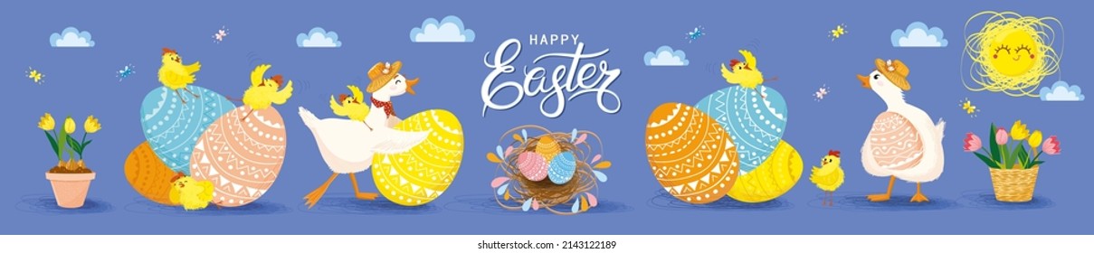 Spring set of Easter design elements with lettering Happy Easter. Eggs, chicken, butterfly, duck, goose, sun, tulips, basket, pot. Perfect for holiday decoration and season greeting cards