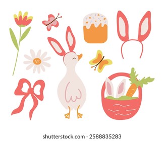 A spring set of Easter design elements, a goose character with rabbit ears, a basket, flowers, carrots, and butterflies. Holiday clipart in vector.