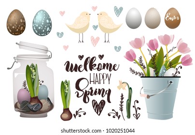 Spring set of elements for Happy Easter. Flowers, flower compositions, chicken and colored eggs. Elements for postcards, invitations, advertisements, posters
