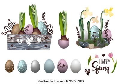Spring set of elements for Happy Easter. Flowers, flower compositions and colored eggs. Elements for postcards, invitations, advertisements, posters