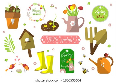 spring set of elements and lettering. Springtime background. Calligraphy, birdhouse, boots, bouquets of flowers, jug, watering can, insects, birds and leaves. Decor for holiday packaging