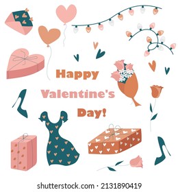 Spring set of flat emerald, bronze and pink elements for valentine's day. Vector illustration.