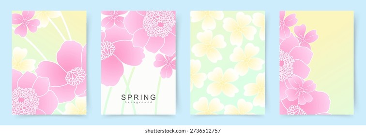 Spring set of floral cards. Minimalistic cover templates with abstract flowers. Vector design for social media, banner, postcards, advertising