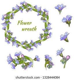 Spring set of floral patterns, ornaments and vector wreaths of delicate violet flowers to decorate cards, design greetings