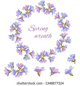 Spring set of floral patterns, ornaments and vector wreaths of delicate violet flowers to decorate cards, design greetings