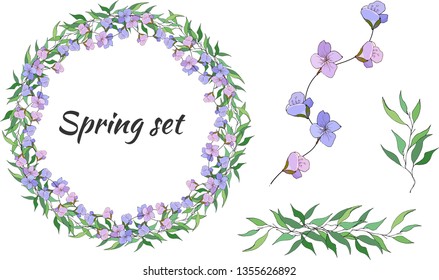 Spring set of floral patterns, ornaments and vector wreaths of delicate violet flowers and green leaves to decorate cards, designer greetings
