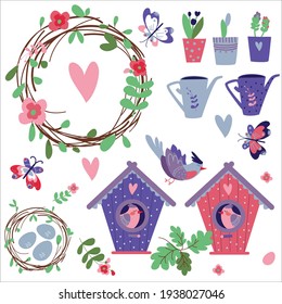 spring set with flower , birds and birdshouses