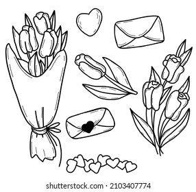Frühlingsbesteck mit Blumen. Schöner Tulpenstrauß, Herz und Brief mit Umschlag. Vektorgrafik. Umrisse, einzelne lineare Handzeichnung für Design und Dekoration von Valentinen und Grußkarten
