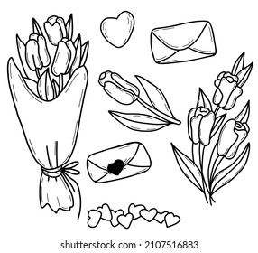 Spring set of flowers. Beautiful bouquet of tulips, heart and a letter with an envelope. Vector illustration. Outline, linear hand drawing for design and decor of valentines and greeting cards.