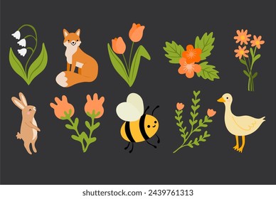 Spring set, flowers, bee, fox and other. Perfect for web, card, poster, cover, tag, invitation, sticker kit. Vector illustration.