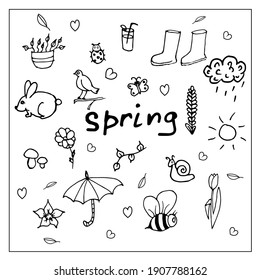 Spring set. 
Flowers, bird, tulip, rabbit, mushroom, and other elements. Suitable for a website, a set of stickers, a poster, and so on.