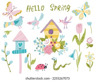 Spring set. Flowers, birds, birdhouse, butterflies and other elements. Vector illustration.