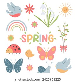 Spring set. flowers and birds, insects. flat Vector illustration.