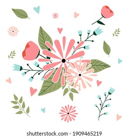 
Spring set, flowers, birds, leaves and others. Vector illustration.