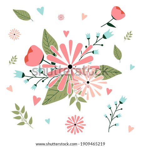 
Spring set, flowers, birds, leaves and others. Vector illustration.