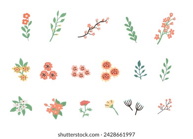 Spring set of flowers and branches - floral elements for design. Vector illustration in flat style. Spring animals and branches, birdhouses can used for cards, stickers, posters, templates. banners