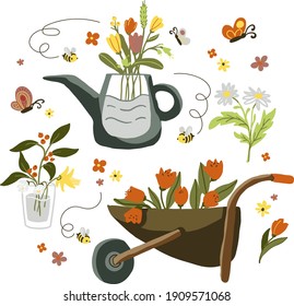 Spring set with flowers, butterflies, bees. Wheelbarrow with tulips, watering can and a glass with a bouquet