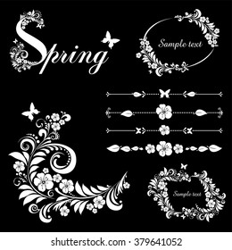 Spring. Set of flowers. Collection of design elements isolated on Black background. Vector illustration