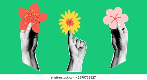 Spring set with flowers and halftone hands. Vector illustration with retro collage elements. 