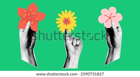 Spring set with flowers and halftone hands. Vector illustration with retro collage elements. 