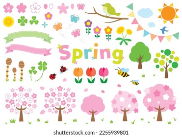 Spring set flowers nature creatures