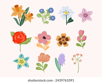 Spring set  flowers,. Perfect for web, card, poster, cover, tag, invitation, sticker kit. Vector illustration.