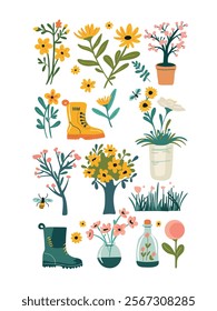 spring set with flowers and rubber boots