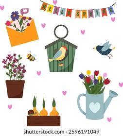 Spring set. Flowers and seedlings, birdhouse and birds, postal envelope with flowers. Flags with an inscription. Vector illustration