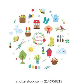 Spring set in the form of a circle. Flat vector illustration