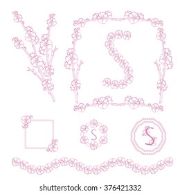 Spring set of frames, borders, monograms with Plum Blossom. For decoration holiday spring cards. Spring Festival. Vector illustration.
