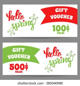 Spring Set Gift vouchers template with greeting inscription.