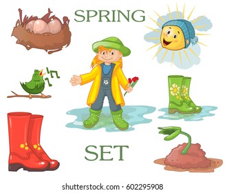Spring set. A girl in spring clothes and rubber boots, a sprout or a seedling, tulip flowers, a bird's nest with eggs, a bird sings on a branch, rubber boots. Vector cartoon illustration