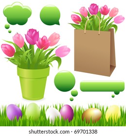 Spring Set From Grass With Eggs, Tulips In Pot And In Package And Chat Bubble