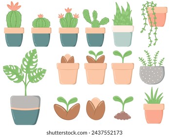 Spring set of green plants in flower pots, vector illustration