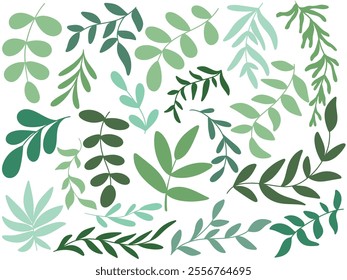 Spring set of green young leaves