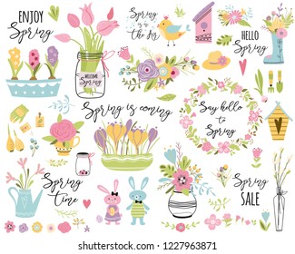 Spring set, hand drawn elements Typography spring quotes cute spring flowers bouquet birds wreaths, rabbit Easter Collection for print card poster label tag invitation sticker kid Vector illustration.