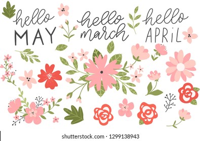 Spring set, hand drawn elements- lettering, flowers, wreaths, and other. Perfect for web, card, poster, cover, tag, invitation, sticker kit. Vector illustration.