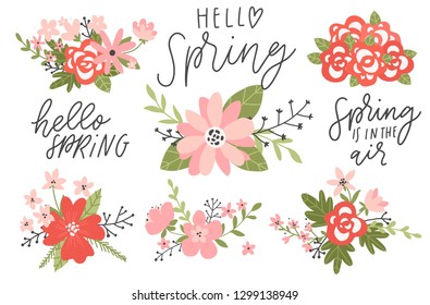 Spring set, hand drawn elements- lettering, flowers, wreaths, and other. Perfect for web, card, poster, cover, tag, invitation, sticker kit. Vector illustration.