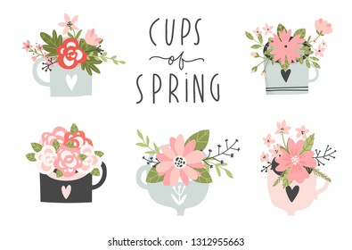Spring set, hand drawn elements- lettering, flowers, wreaths on cups. Perfect for web, card, poster, cover, tag, invitation, sticker kit etc. Vector illustration.