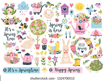 Spring set, hand drawn elements- flowers, birds, wreaths, quotes and other. Perfect for scrapbooking, greeting card, party invitation, poster, tag, sticker kit. Vector illustration.