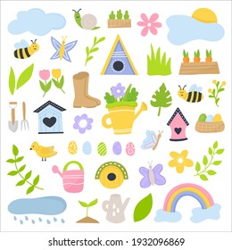 spring set hand drawn elements - flowers, birdhouses, birds, insect, eggs and other. For poster, tag, sticker kit. Vector illustration